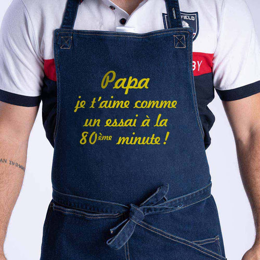 Tablier Ruckfield en jean sérigraphie "Papa je t'aime comme un essai à la 80ème minute"