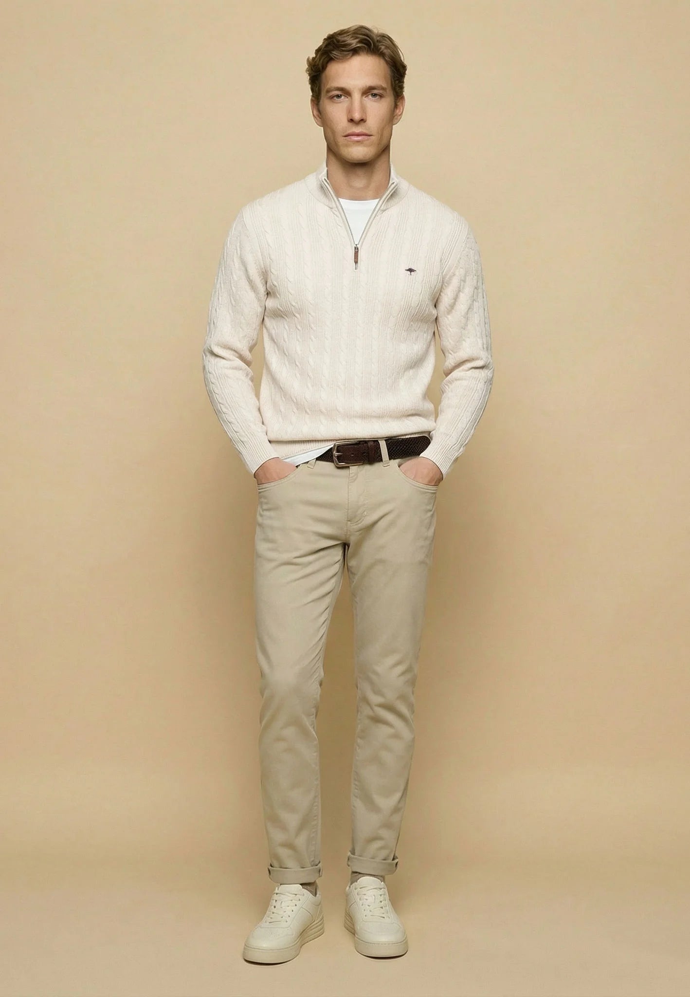 Pull homme écru casual chic col zippé torsadé – jusqu’au 4XL