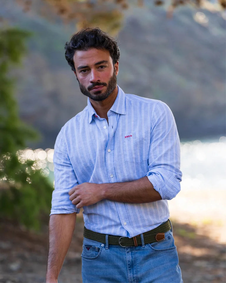 Chemise bleu en lin mélangé 26AN548 SHIRT LONG SLEEVE SKY BLUE - jusqu’au 3XL