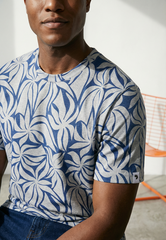 T-shirt J&JOY Bleu & Gris Motif Feuillage Casual Chic