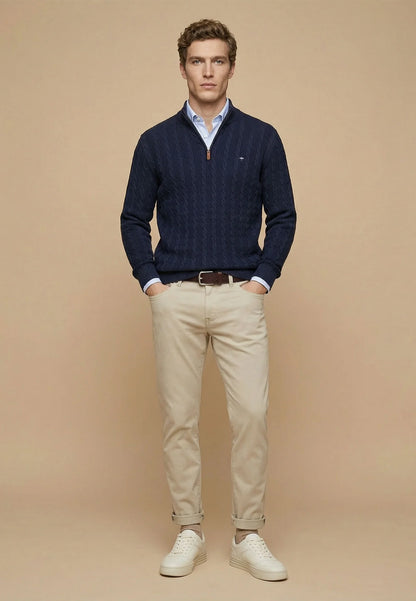Pull Homme navy casual chic col zippé torsadé – jusqu’au 4XL