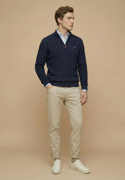 Pull Homme navy casual chic col zippé torsadé – jusqu’au 4XL